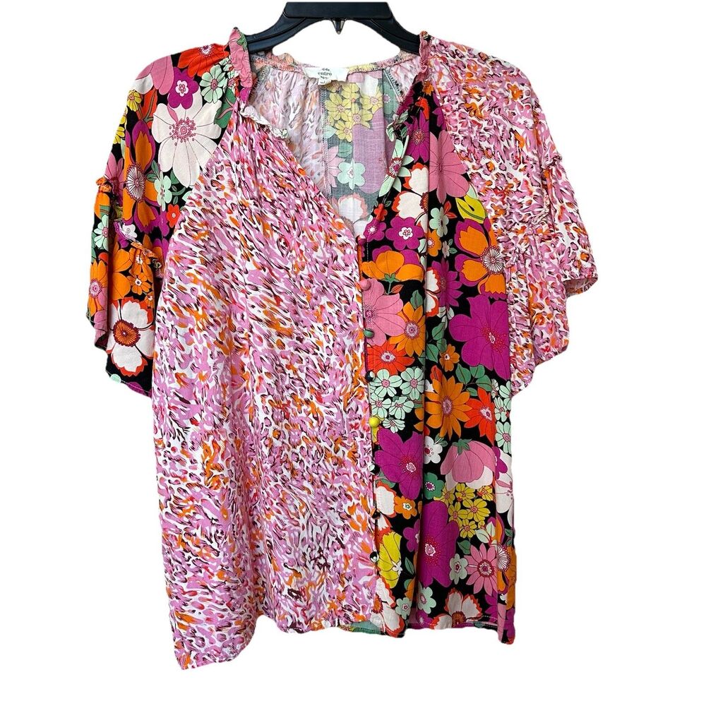 Entro Top Women's Lg Flutter Sleeve V-Neck Boho Floral Patchwork Mixed Print Fun